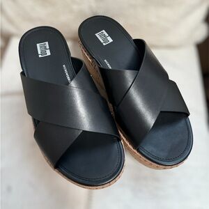 FitFlop Women's Eloise Leather/Cork Wedge Cross Slides Sandal